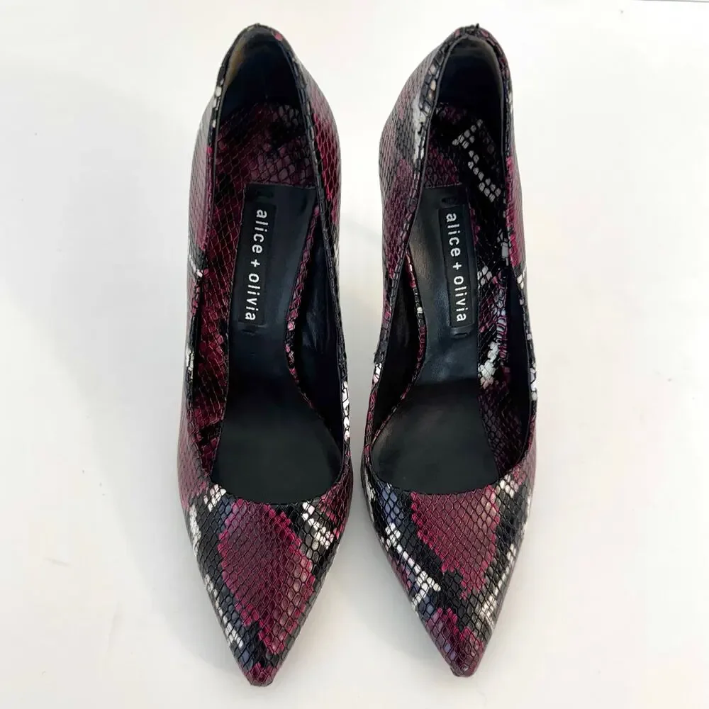 Alice + Olivia Creda Snakeskin Heel Pumps Shoes Burgundy | 8.5